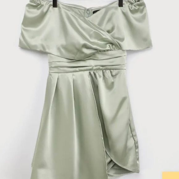 Lulu’s Always Celebrating Sage Green Satin Off-the-Shoulder Mini Dress - Picture 11 of 11